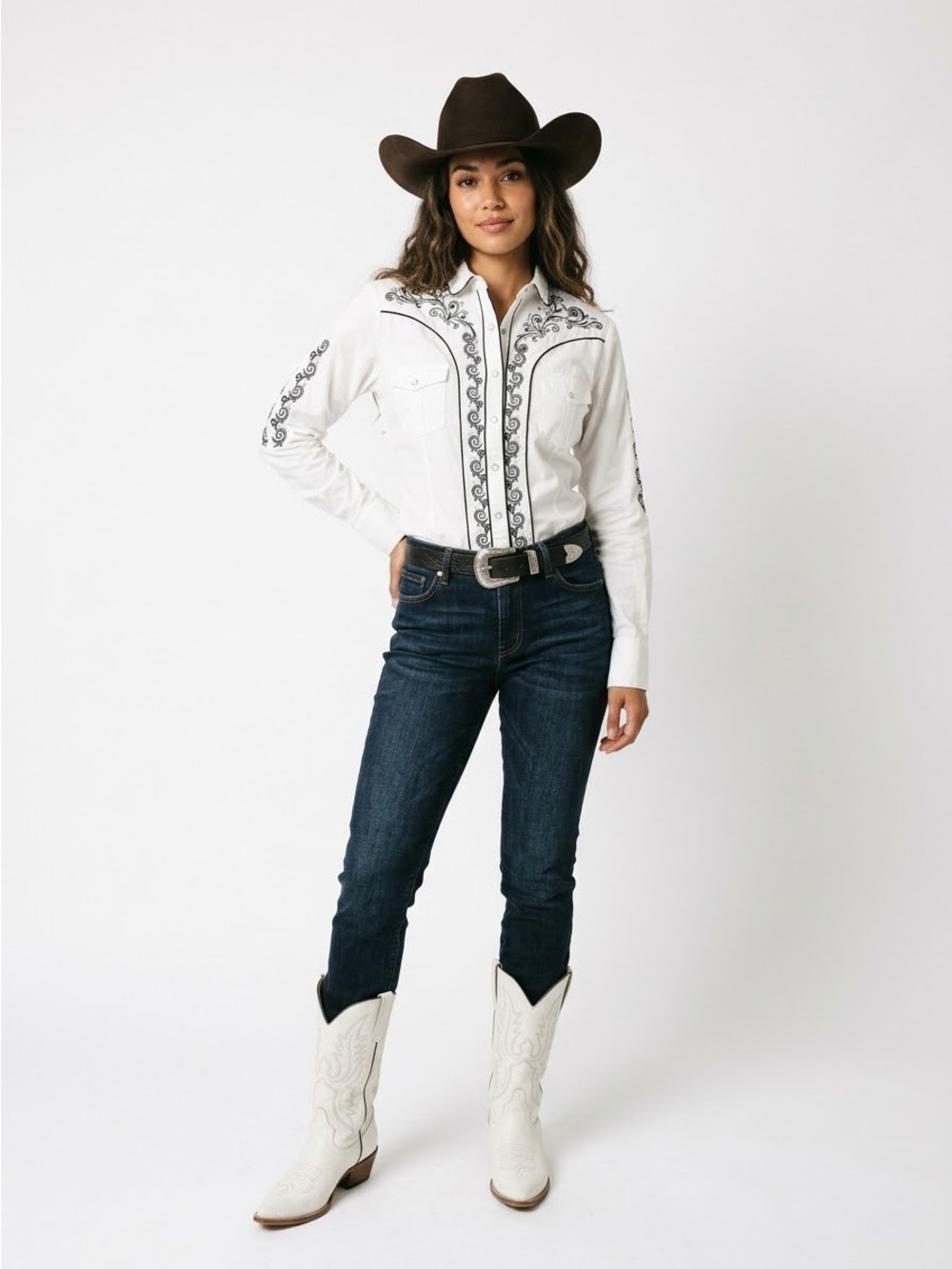 MONTERO White Western Button Up Shirt Black Floral Scroll Embroidery - size M